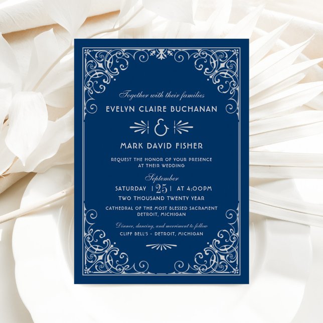 Invitación Boda de pergamino ornamentado de azul marino y bla (Subido por el creador)
