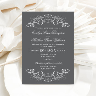 Invitación Boda de pergamino ornamentado gris y blanco