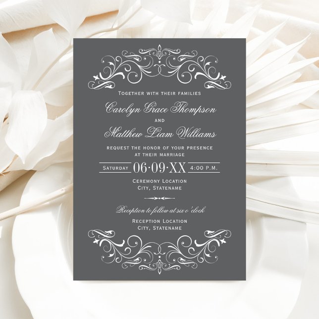 Invitación Boda de pergamino ornamentado gris y blanco (Subido por el creador)