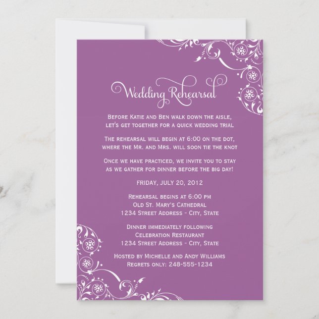 Invitación Boda de pergamino violeta vintage y cena (Anverso)