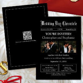 Invitación Boda de periódico con código QR de foto negro mode