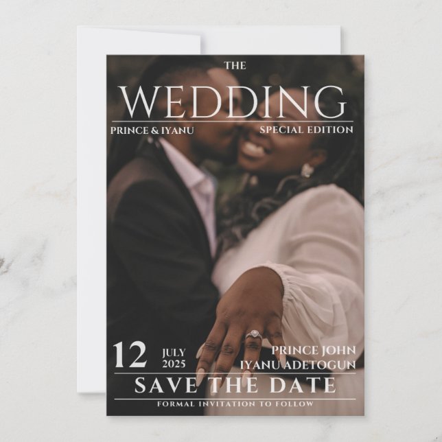 Invitación Boda de periódico editorial de revista Save the Da (Anverso)