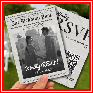 Invitación Boda de periódico vintage código QR RSVP elegante