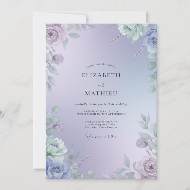 Invitación Boda de Periwinkle Lavanda Frondosa (Anverso)