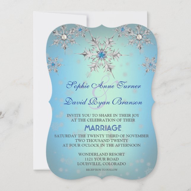 Invitación Boda de perla azul de cristal de los copos de niev (Anverso)