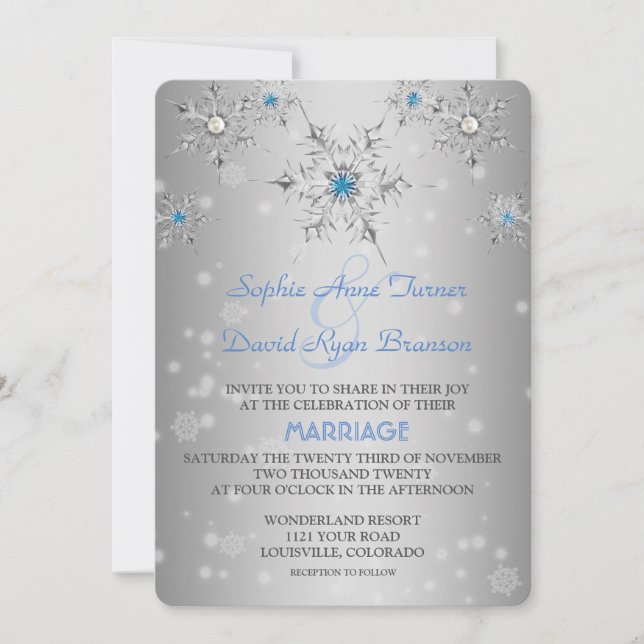 Invitación Boda de Perlas Azules Cristales de Plata Snowflake (Anverso)