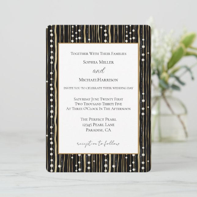 Invitación Boda de perlas blancas y oro negro (Anverso de pie)