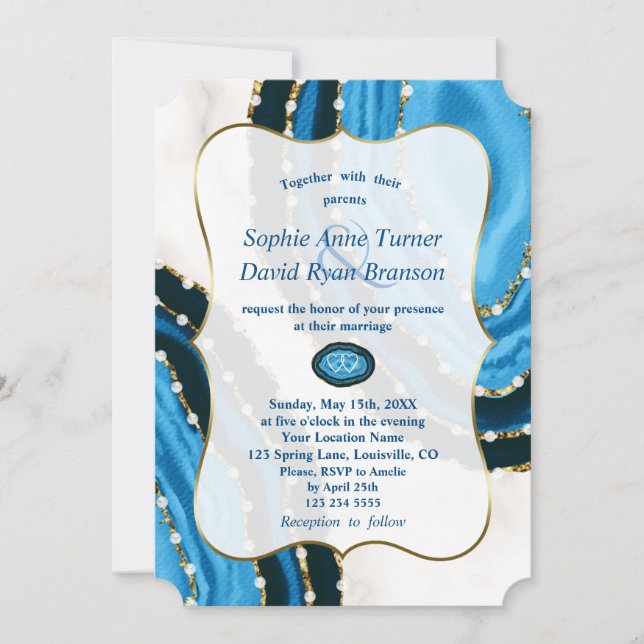 Invitación Boda de Perlas de la Marina Azul acuarela Agate (Anverso)