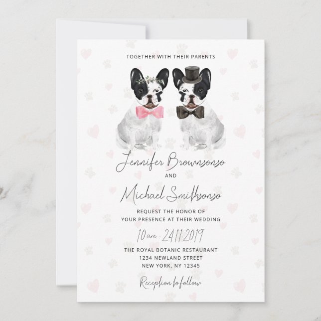 Invitación Boda de perritos de corazón con tema de Bulldog fr (Anverso)