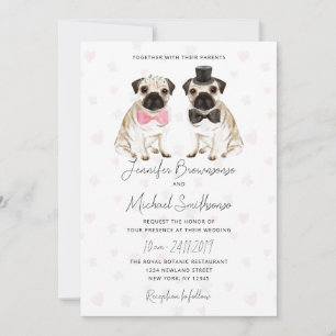 Invitación Boda de perro corazón de pato de temática pug