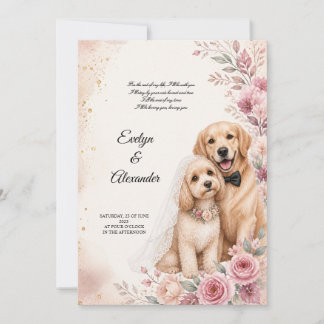Invitación Boda de perros lindos acuarela floral rosa pálido