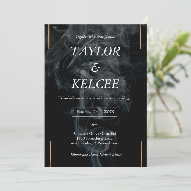 Invitación Boda de PERSONALIZABLE de oro de humo negro (Anverso de pie)