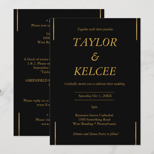 Invitación Boda de PERSONALIZABLE de oro negro (Anverso / Reverso)