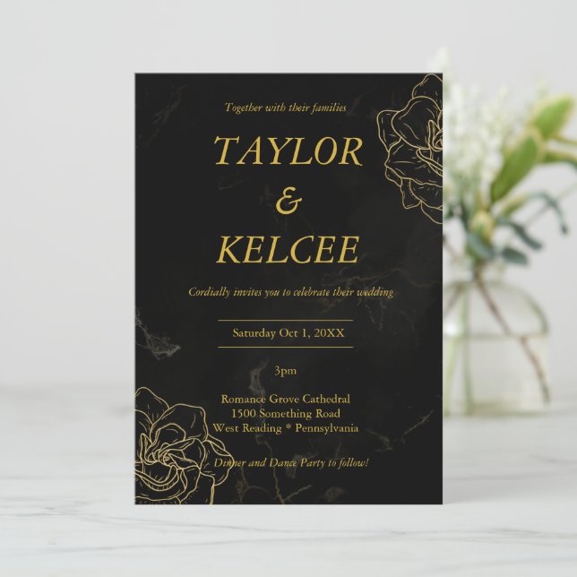 Invitación Boda de PERSONALIZABLE elegante negro y dorado (Anverso de pie)
