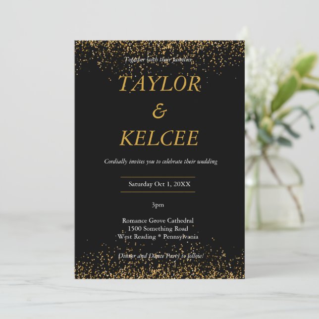 Invitación Boda de PERSONALIZABLE elegante negro y dorado (Anverso de pie)