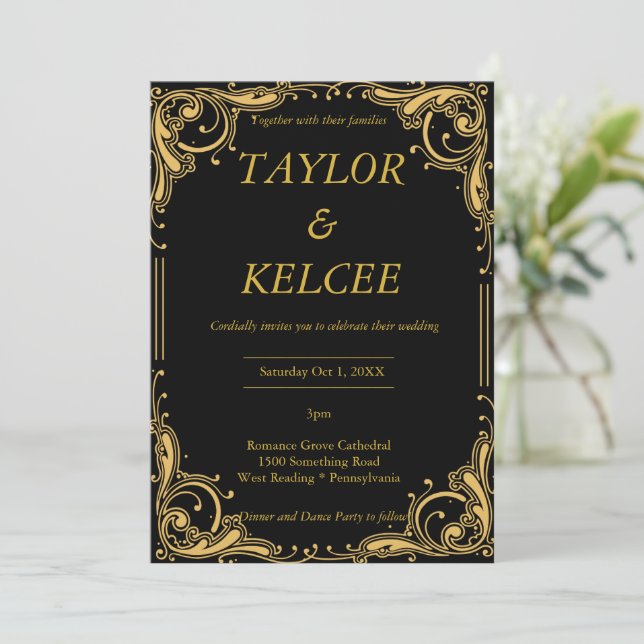 Invitación Boda de PERSONALIZABLE elegante negro y dorado (Anverso de pie)