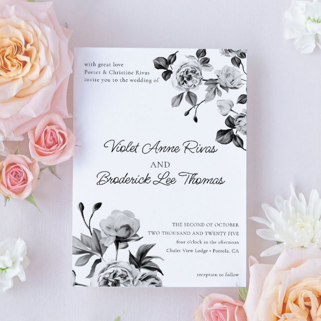 Invitación Boda de Personalizable floral blanco y negro (Subido por el creador)