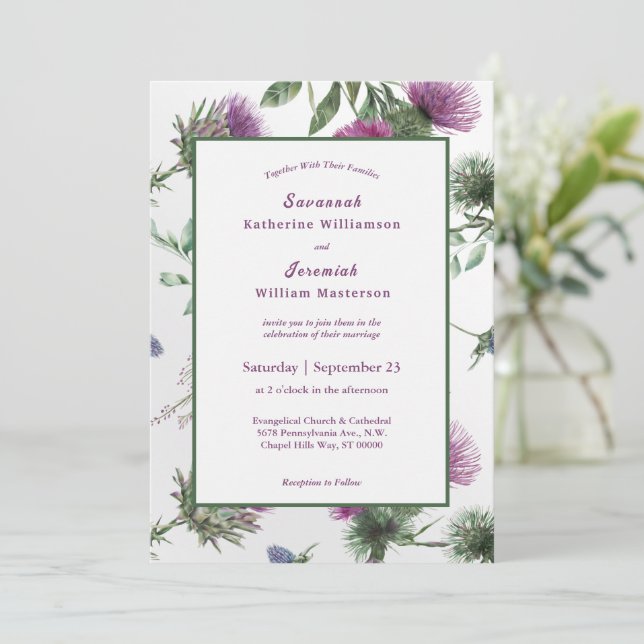 Invitación Boda de Personalizable floral de cardenales morado (Anverso de pie)