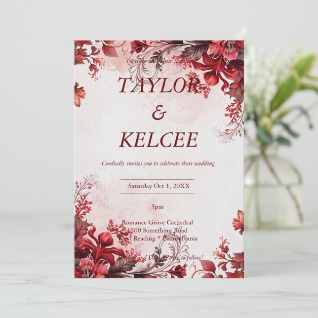 Invitación Boda de PERSONALIZABLE floral rojo y rosa (Anverso de pie)