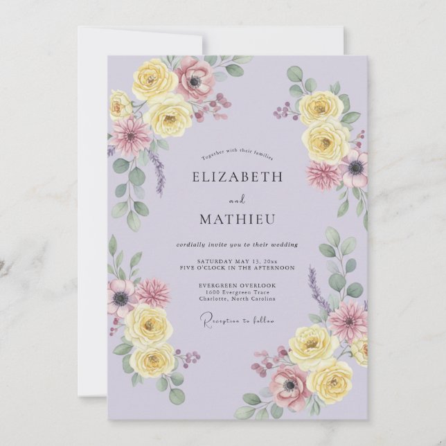 Invitación Boda de Pétalo Amarillo Lila Suave (Anverso)