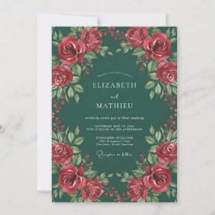 Invitación Boda de Pétalo Carmesí de Jade Oscuro