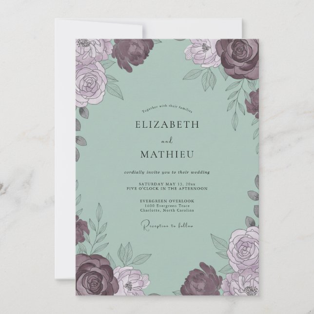 Invitación Boda de Pétalo Celadón Malva Suave (Anverso)