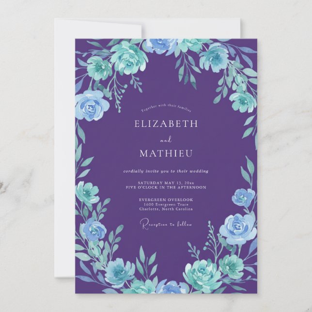 Invitación Boda de Pétalo Cian Violeta Botánico (Anverso)