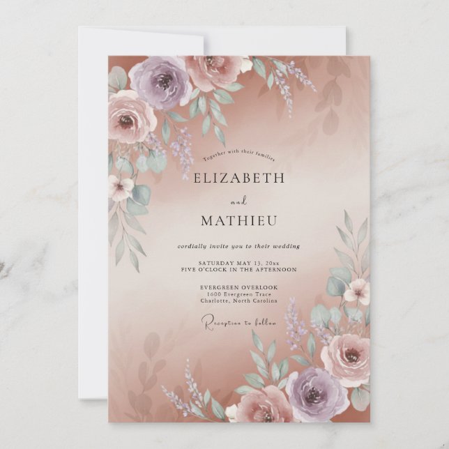 Invitación Boda de Pétalo de Cobre Malva (Anverso)