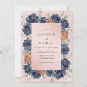 Invitación Boda de Pétalo de Melocotón Azul Acero