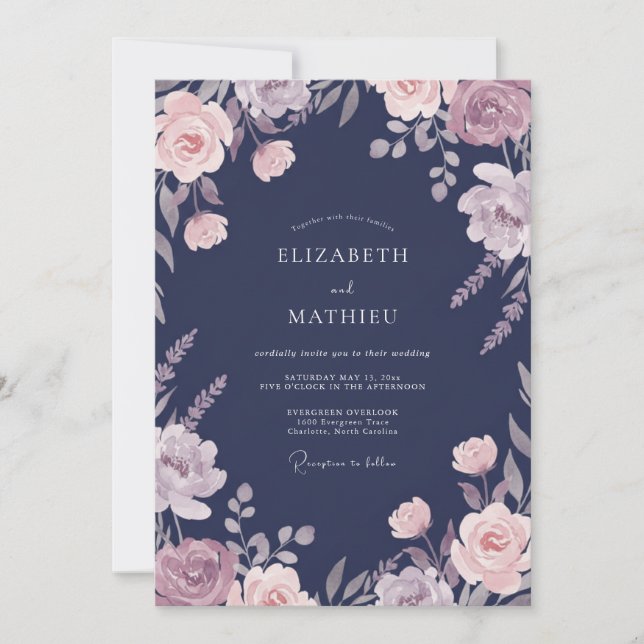 Invitación Boda de Pétalo Floral Azul Marítimo (Anverso)