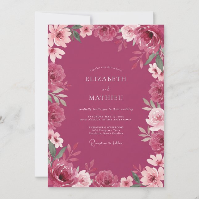 Invitación Boda de Pétalo Magenta Profundo (Anverso)