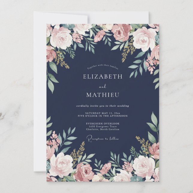Invitación Boda de Pétalo Malva Medianoche (Anverso)
