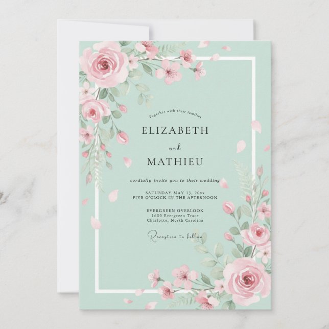 Invitación Boda de Pétalo Pintado de Menta (Anverso)
