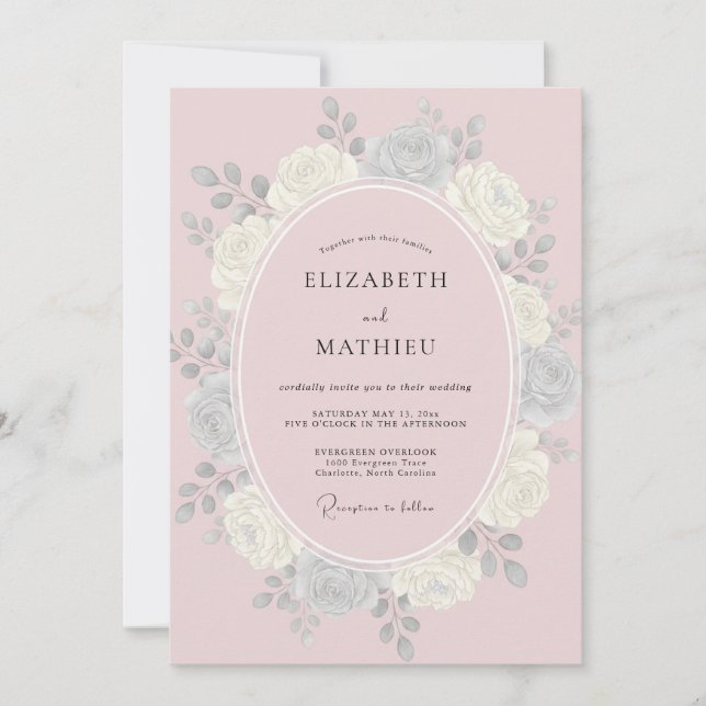Invitación Boda de Pétalo Rosa Plateado (Anverso)