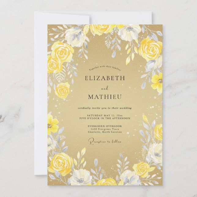 Invitación Boda de Pétalos Amarillo Dorado (Anverso)