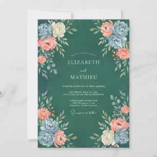 Invitación Boda de Petrol Coral Ranunculus Eucalipto