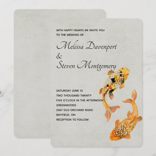 Invitación Boda de pez koi dorado elegante (Anverso / Reverso)
