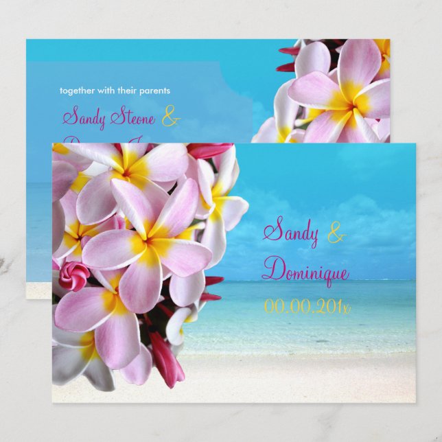 INVITACIÓN BODA DE PICERÍA PINK PLUMERIA LEI/PLAYA (Anverso / Reverso)