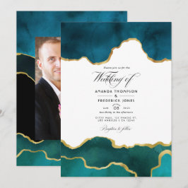 Invitación Boda de piedra de ágata geoda azul verde y dorado 