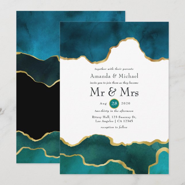 Invitación Boda de piedra de ágata geoda azul verdoso y dorad (Anverso / Reverso)