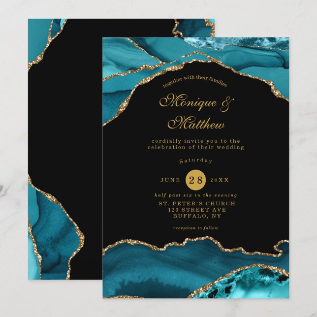 Invitación Boda de Piedra de Agate Verde azulado y Oro Modern (Anverso / Reverso)