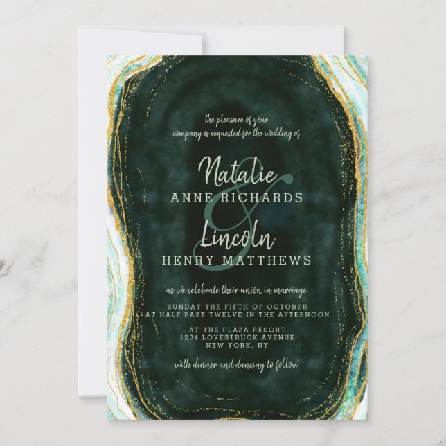 Invitación Boda de Piedra Geode de Mármol Verde y Oro verde a (Anverso)