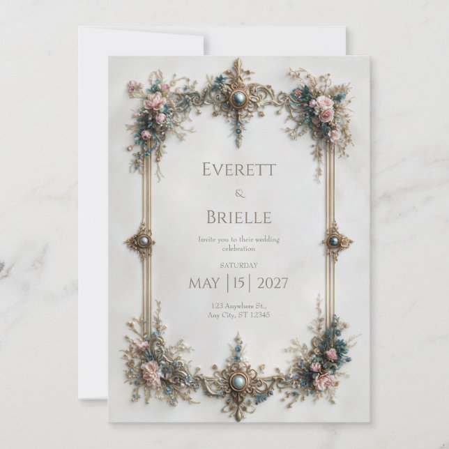 Invitación Boda de Piedra Preciosa con Filigrana de Oro Real (Anverso)