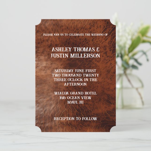 Invitación Boda de piel de imitación marrón (Anverso de pie)