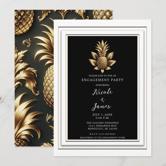 Invitación Boda de Piña Tropical Negro Blanco y Dorado (Anverso / Reverso)