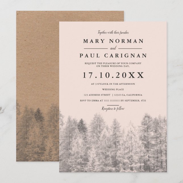 Invitación Boda de pinares ruidosos en kraft (Anverso / Reverso)