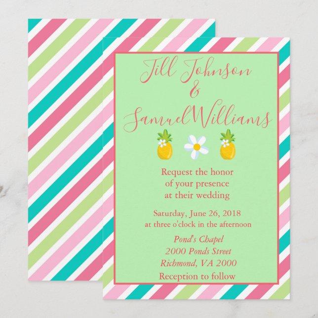 Invitación Boda de piñas y rayas de bonito (Anverso / Reverso)