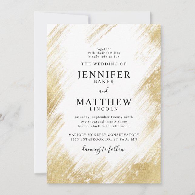 Invitación Boda de pincel de Relieve metalizado dorado falso (Anverso)