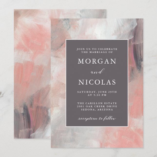 Invitación Boda de pincel gris y coral con polvo moderno (Anverso / Reverso)