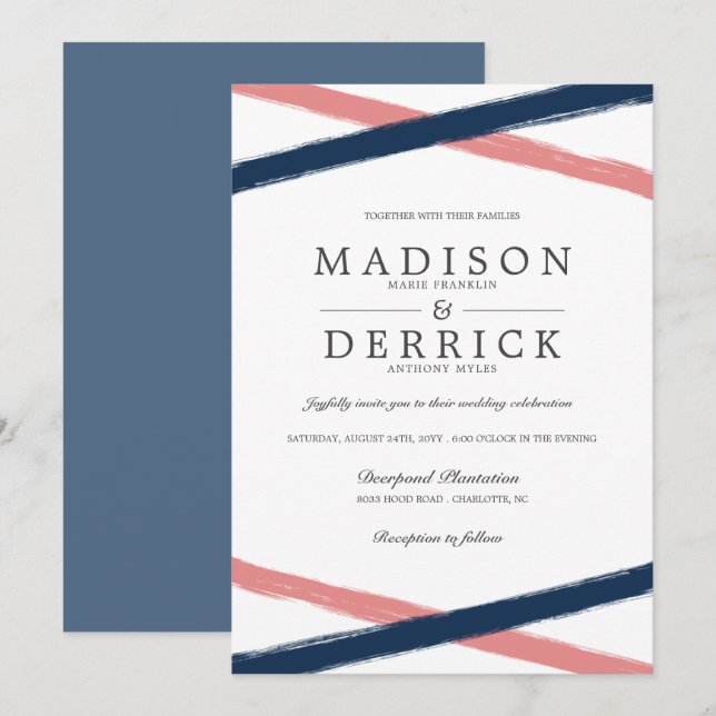 Invitación Boda de pincel moderno | Coral naval (Anverso / Reverso)